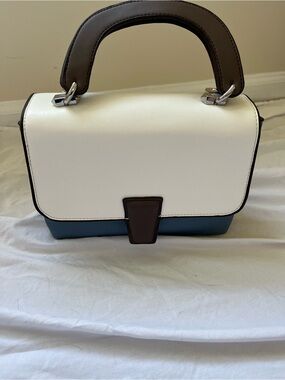 Axel Arigato White and Blue Top-Handle Satchel with Brown Trim